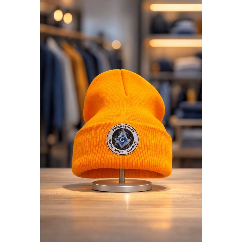 Mens Freemasonry Faith Hope Charity Orange‎ Cuffed Beanie Hat Masonic Symbol